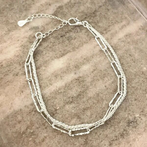 925 Sterling Silver Thin Multi Layer Bracelet Sequin Paperclip Link Bracelet